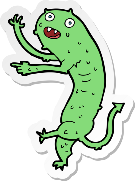 Bir insan tarafından çizilmiş küçük iğrenç bir canavarın çıkartması.