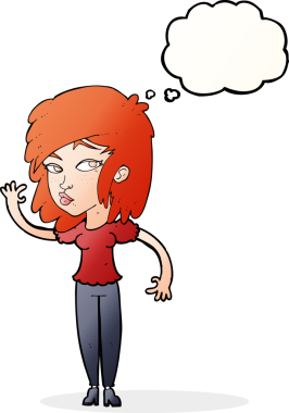 Bir insan tarafından çizilmiş düşünce baloncuğuyla el sallayan güzel bir kadın.