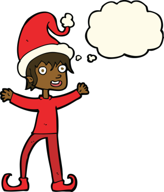 Bir insan tarafından çizilmiş düşünce baloncuğuyla Noel elfini heyecanlandıran çizgi film