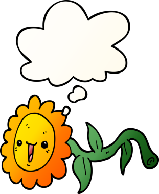 Düşünce baloncuğu olan karikatür çiçeği bir insan tarafından çizilmiş.