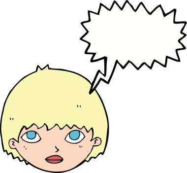 Bir insan tarafından çizilmiş konuşma balonuyla bakan çizgi film kızı.