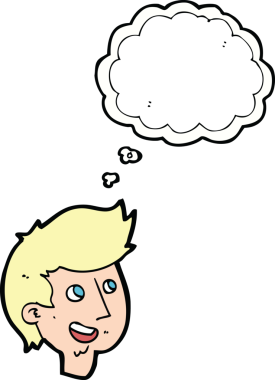 Bir insan tarafından çizilmiş düşünce baloncuklu mutlu çocuk yüzü.