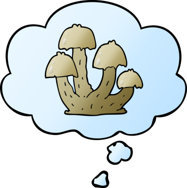 Düşünce baloncuklu karikatür mantarları bir insan tarafından çizilmiş.