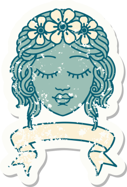 Bir insan tarafından çizilmiş, kadın yüzü pankartlı eski bir etiket.