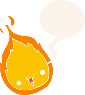 Bir insan tarafından çizilmiş eski tarz konuşma baloncuğu olan sevimli çizgi film alevi