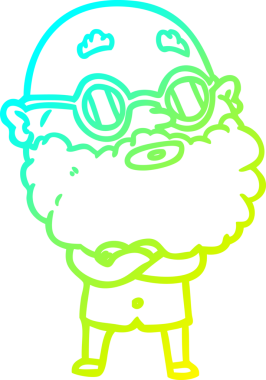 Bir insan tarafından çizilmiş sakallı ve gözlüklü tuhaf bir çizgi film karakteri.