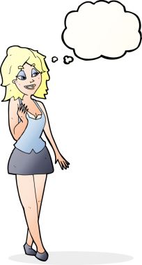 Bir insan tarafından çizilmiş düşünce balonlu çekici ofis kadını.