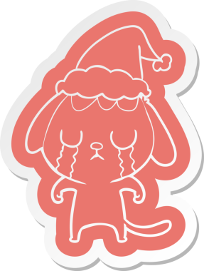 Bir insan tarafından çizilmiş Noel Baba şapkasıyla ağlayan bir köpeğin komik çizgi film çıkartması.