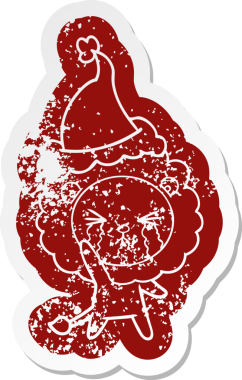 Bir insan tarafından çizilmiş Noel Baba şapkası takan ağlayan bir aslan çıkartması.