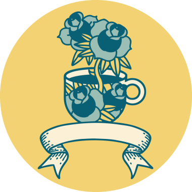 bir fincanın bayrağı ve bir insanın çizdiği çiçeklerle dövme tarzı simgesi