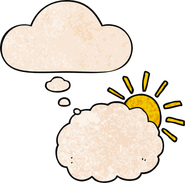 bir insan tarafından çizilmiş grunge desenli düşünce baloncuğu ile çizgi film güneşi ve bulut sembolü