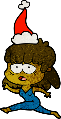 Bir insan tarafından çizilmiş Noel Baba şapkası giyen yorgun bir kadının el çizimi karikatürü.