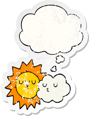 Düşünce baloncuklu karikatür güneş ve bulut bir insan tarafından çizilmiş yıpranmış bir çıkartma.