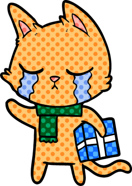 Ağlayan çizgi film kedisi elinde bir insan tarafından çizilmiş Noel hediyesini tutuyor.