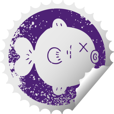 Sıkıntılı dairesel kabuk soyma etiketi bir insan tarafından çizilmiş ilginç sembol balığı.