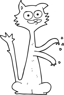 Bir insan tarafından çizilmiş siyah beyaz çizgi film kedisi çizimi.