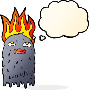 Bir insan tarafından çizilmiş düşünce baloncuğuyla yanan çizgi film hayaleti.