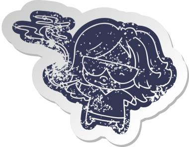 Sıkıntılı eski karikatür çıkartması. Şirin kawaii bir insan tarafından çizilmiş esrar içiyor.