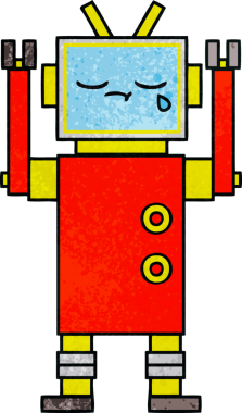 Bir insan tarafından çizilmiş ağlayan bir robotun retro grunge dokusu.