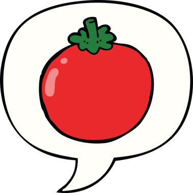 Bir insan tarafından çizilmiş konuşma baloncuklu domates.