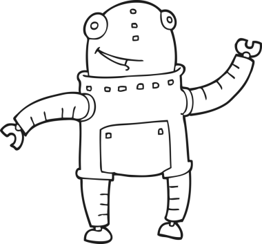 Bir insan tarafından çizilmiş siyah beyaz robot çizimi.
