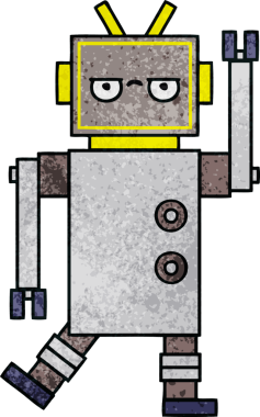 Bir insan tarafından çizilmiş rahatsız bir robotun retro grunge dokusu.