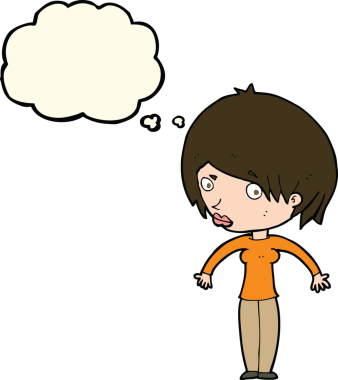 Bir insan tarafından çizilmiş düşünce baloncuğuyla omuz silken çizgi film kadını.