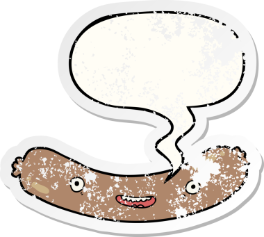 Konuşma baloncuklu çizgi film sosisi bir insan tarafından çizilmiş sıkıntılı eski bir çıkartma