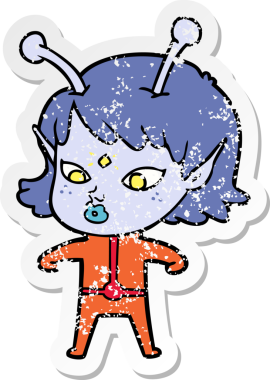 Bir insan tarafından çizilmiş güzel uzaylı bir kızın sıkıntılı çıkartması.