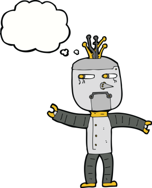 Bir insan tarafından çizilmiş düşünce baloncuklu çizgi film robotu