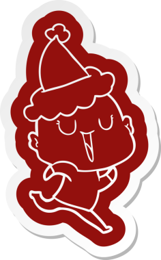 Bir insan tarafından çizilmiş Noel Baba şapkası giyen kel bir adamın komik çizgi film çıkartması.