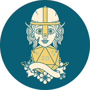 Retro Tattoo stili elf dövüşçüsü. Bir insan tarafından çizilmiş 20 zar ile.