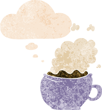 Düşünce baloncuklu karikatür sıcak kahve grunge sıkıntılı retro dokuma tarzı bir insan tarafından çizilmiş