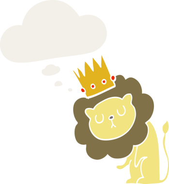 İnsan tarafından çizilmiş düşünce baloncuklu taç takan çizgi film aslanı.