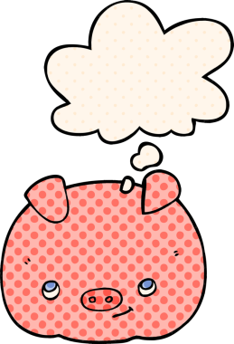 Bir insan tarafından çizilmiş çizgi roman tarzında düşünce baloncuklu mutlu domuz.