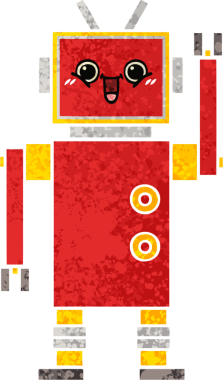 Bir insan tarafından çizilmiş mutlu bir robotun retro çizim tarzı karikatürü