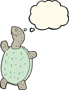 Bir insan tarafından çizilmiş düşünce baloncuklu mutlu kaplumbağa.