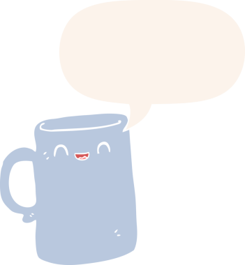 bir insan tarafından çizilmiş, konuşma baloncuklu çizgi film kupası.