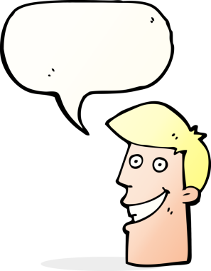 Bir insan tarafından çizilmiş konuşma balonuyla sırıtan çizgi film adamı.