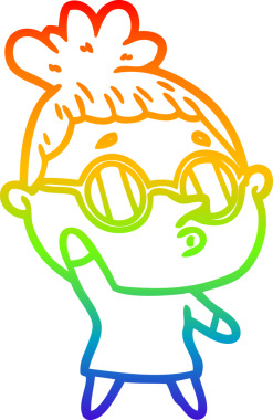 Gökkuşağı gradyan çizgi çizimi bir insan tarafından çizilmiş gözlük takan bir kadın.