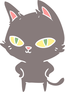 Bir insan tarafından çizilmiş parlak gözlü düz renkli çizgi film kedisi.