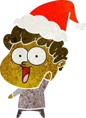 Bir insan tarafından çizilmiş Noel Baba şapkası giyen mutlu bir adamın el çizimi karikatürü.