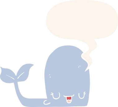 Bir insan tarafından çizilmiş, konuşma baloncuklu mutlu balina çizgi filmi.