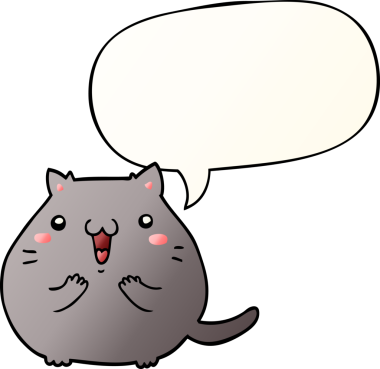 Mutlu çizgi film kedisi konuşma baloncuğu ile bir insan tarafından çizilmiş düzgün eğimli stil