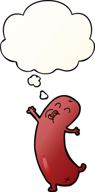 Düşünce kabarcığıyla dans eden çizgi film sosisi bir insan tarafından çizilmiş.