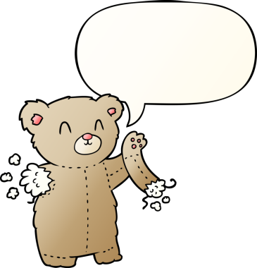 Yırtık kollu çizgi film ayıcığı. Konuşma baloncuğu insan tarafından çizilmiş.