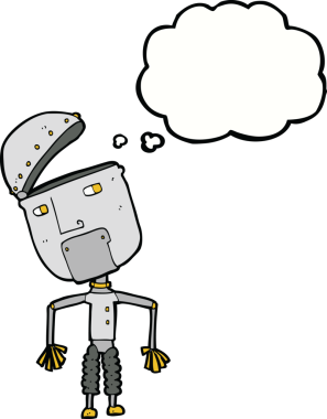 Bir insan tarafından çizilmiş düşünce baloncuklu komik robot.