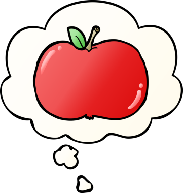 bir insan tarafından çizilmiş yumuşak eğimli düşünce baloncuklu çizgi film elması