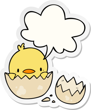 Bir insan tarafından çizilmiş konuşma balonu çıkartmasıyla yumurtadan çıkan sevimli çizgi film pilici.