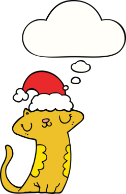 Bir insan tarafından çizilmiş düşünce baloncuklu Noel şapkası takan sevimli çizgi film kedisi.